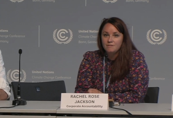 Corporate Accountability staff member Rachel Rose Jackson speaking at the UN Climate conference.