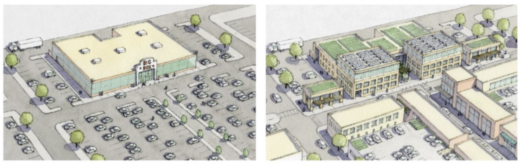 Two sketches. One shows a big box chain store with a large parking lot, and the other sketch shows that same lot with a variety of buildings where some of the parking used to be.