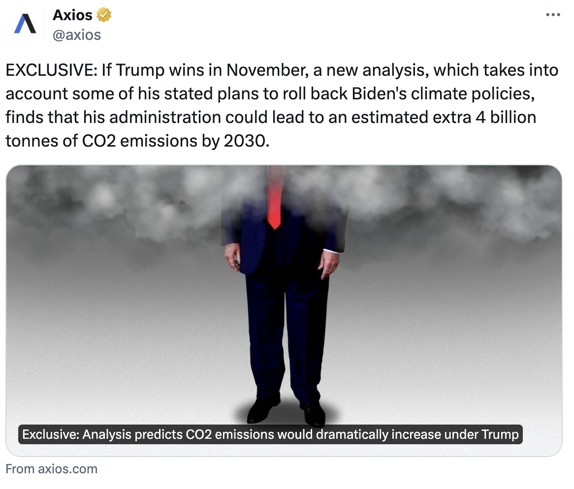 Axios, @axios
        EXCLUSIVE: If Trump wins in November, a new analysis, which takes into account some of his stated plans to roll back Biden's climate policies, finds that his administration could lead to an estimated extra 4 billion tonnes of CO2 emissions by 2030.
        Photo of Trump engulfed in a cloud of pollution. Caption: Exclusive: Analysis predicts CO2 emissions would dramatically increase under Trump
        