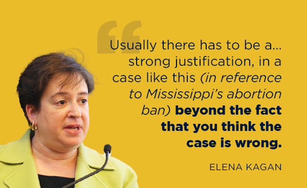'Usually there has to be a … strong justification, in a case like this [in reference to Mississippi's abortion ban] beyond the fact that you think the case is wrong.'-Elena Kagan 