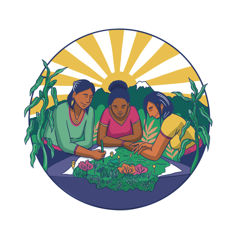 An illustration of three people tending to the Earth and surrounded by the rays of sunshine