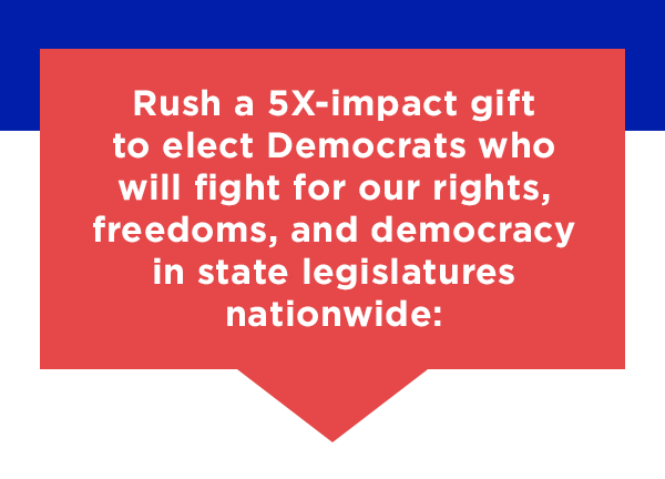                           Rush a 5X-impact gift to elect Democrats who will fight for our rights, our freedoms, and democracy in state legislatures nationwide:                          