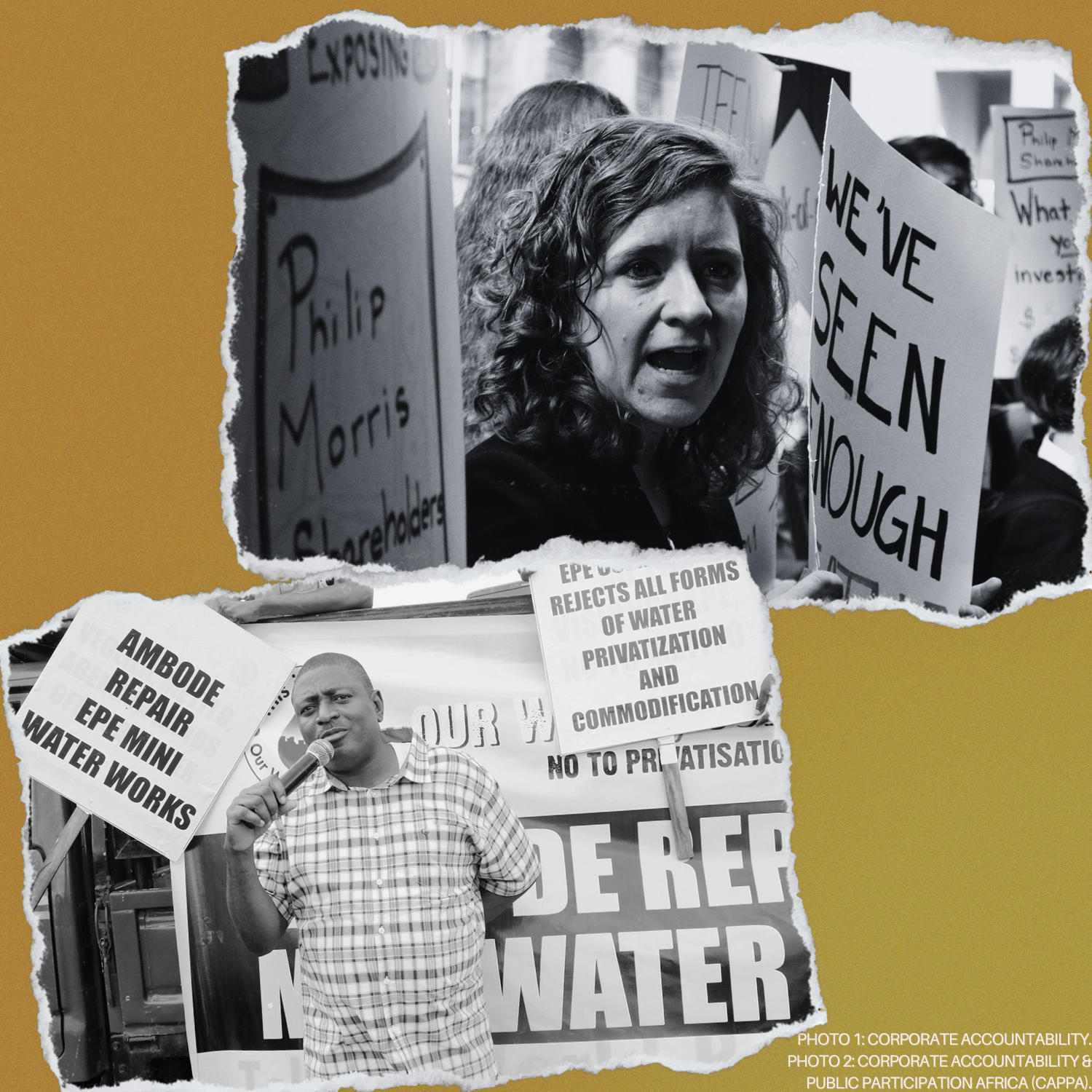 Two photos featuring activists and allies protesting against Big Polluters.