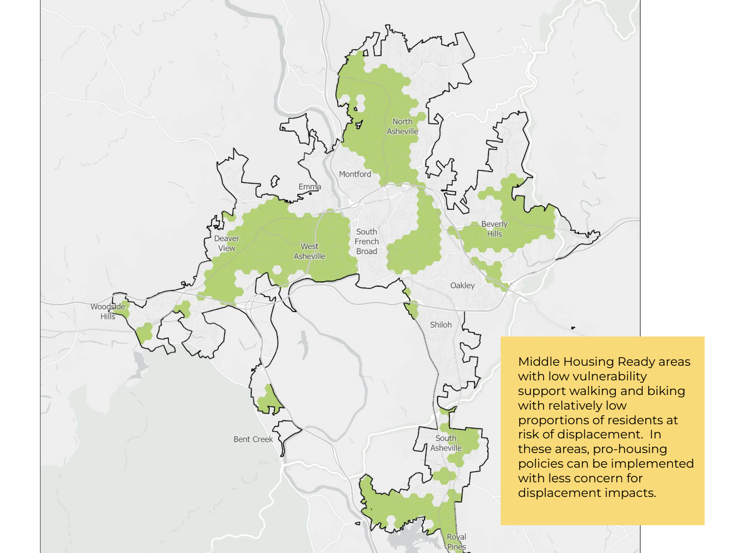 A map of Asheville, showing various neighborhoods shaded in green.