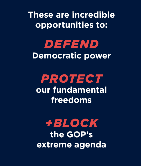 These are incredible opportunities to: DEFEND Democratic power, PROTECT Fundamental freedoms, BLOCK the GOP's extreme agenda