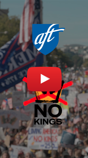 Still of the AFT logo and the No Kings rally logo