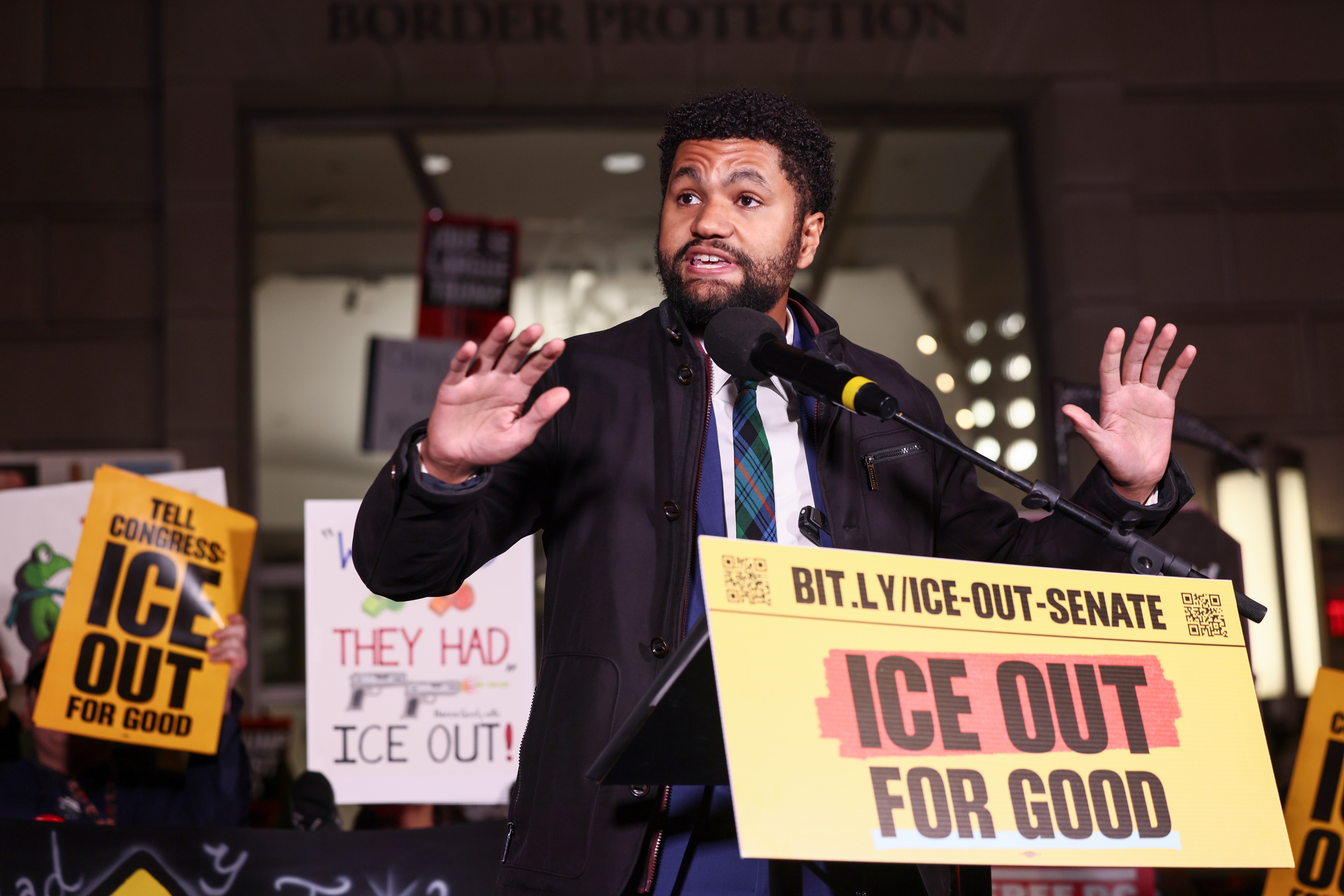 Maxwell Frost speaking at a rally and vigil outside of the Customs and Border Protection headquarters in Washington, D.C