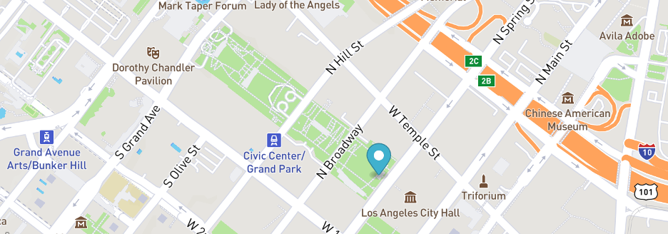 Map showing Gloria Molina Grand Park and the Spring Street side across from Los Angeles City Hall.