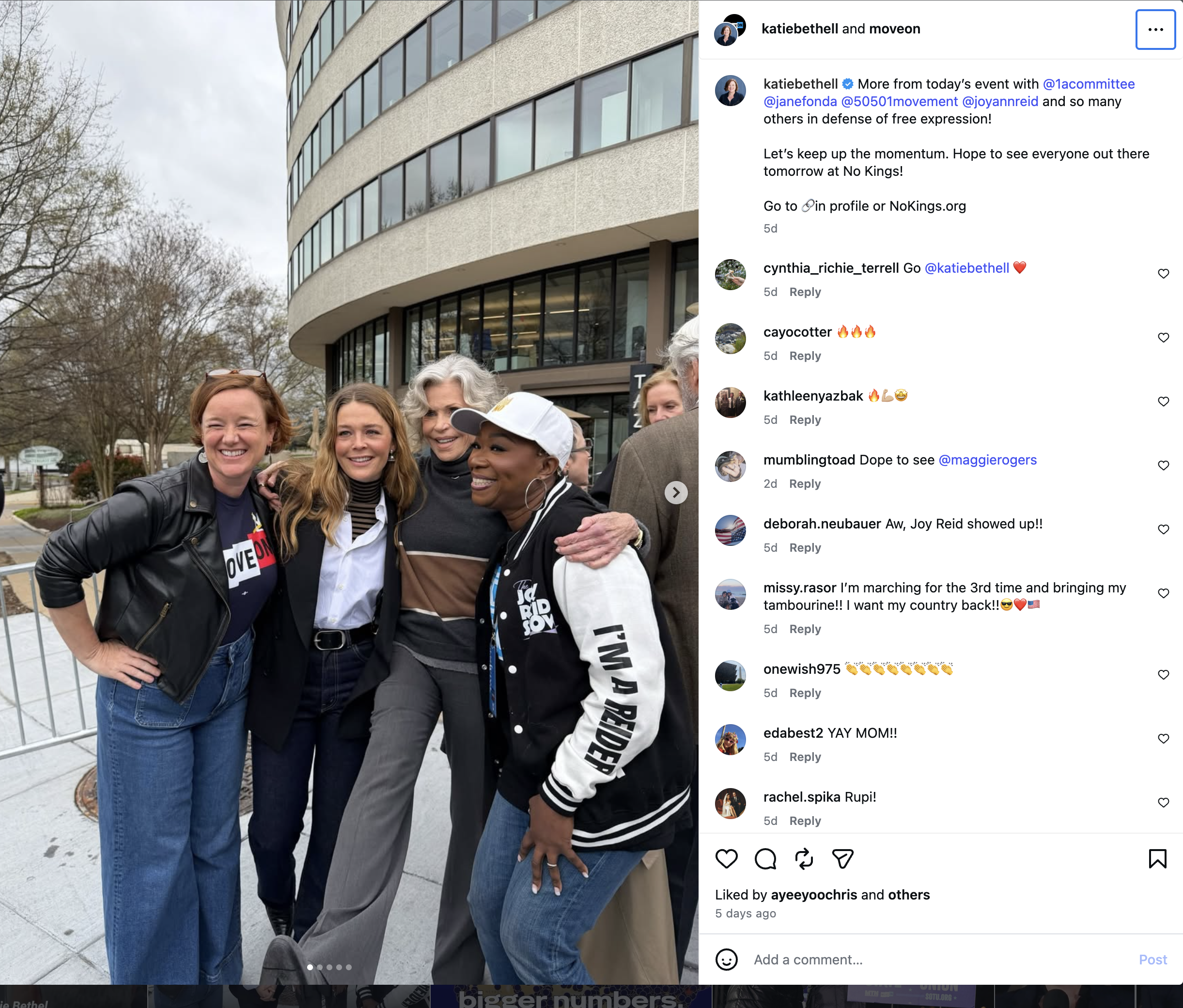 Group photo with Katie Bethell, Executive Director of MoveOn, at the March.27.2026.Artists United for Our Freedoms event. Click the image to go to Katie Bethell's instagram.