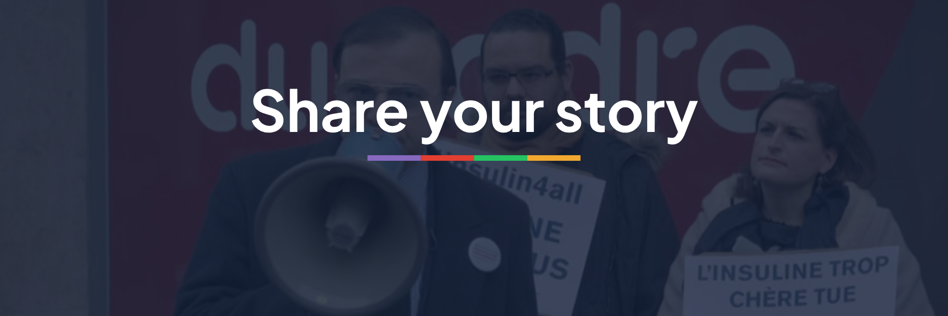 Bertrand with a megaphone at a protest with white text saying Share Your Story and a colorful line